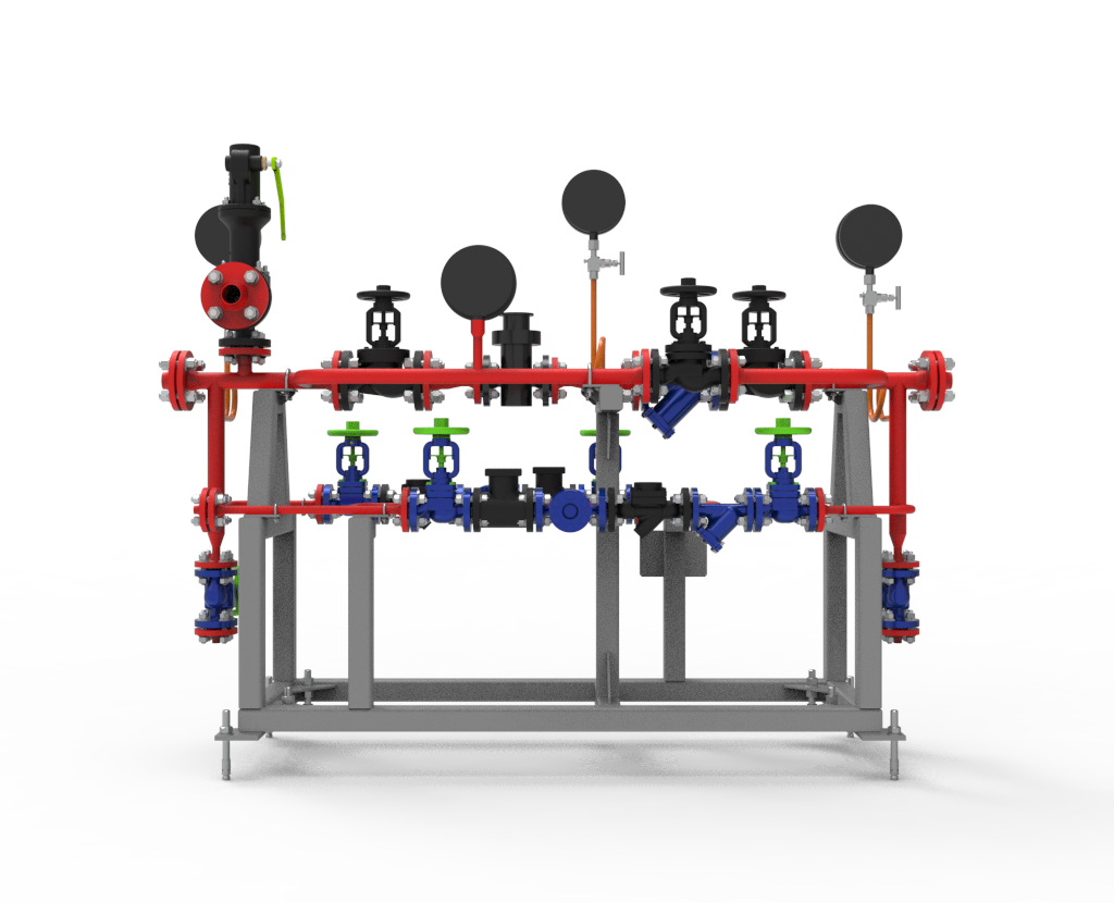 редукционный узел для снижения и стабилизации давления пара в промышленных системах, редукционная установка с регулирующими клапанами для поддержания постоянного давления пара, система регулирования давления пара от источника до потребителя с манометрическим контролем, промышленный редукционный агрегат для контроля давления пара в энергетических установках, узел регулирования пара с клапанами и манометрами для стабильной подачи рабочей среды