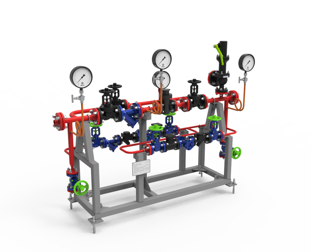 редукционный узел для снижения и стабилизации давления пара в промышленных системах, редукционная установка с регулирующими клапанами для поддержания постоянного давления пара, система регулирования давления пара от источника до потребителя с манометрическим контролем, промышленный редукционный агрегат для контроля давления пара в энергетических установках, узел регулирования пара с клапанами и манометрами для стабильной подачи рабочей среды 