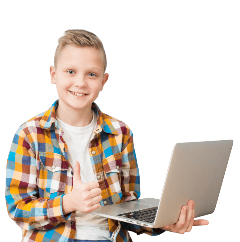 Ученик программист показывает палец вверх, держа компьютер в рук