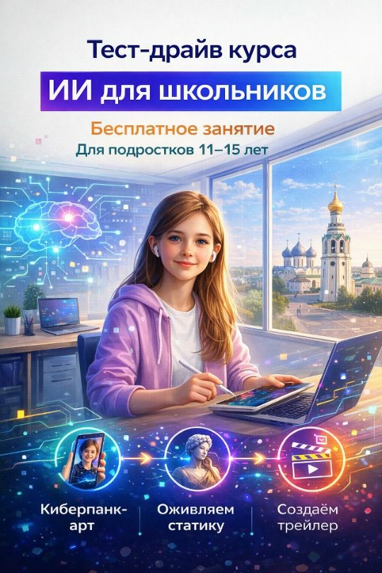 26 марта 2026 — В «Брайте» анонсировали бесплатный тест-драйв курса по ИИ для подростков
Центр пригласил подростков 11–15 лет на пробное занятие «ИИ для школьников». Участникам пообещали практическое знакомство с нейросетями, создание креативного контента и первые шаги в освоении технологий будущего.