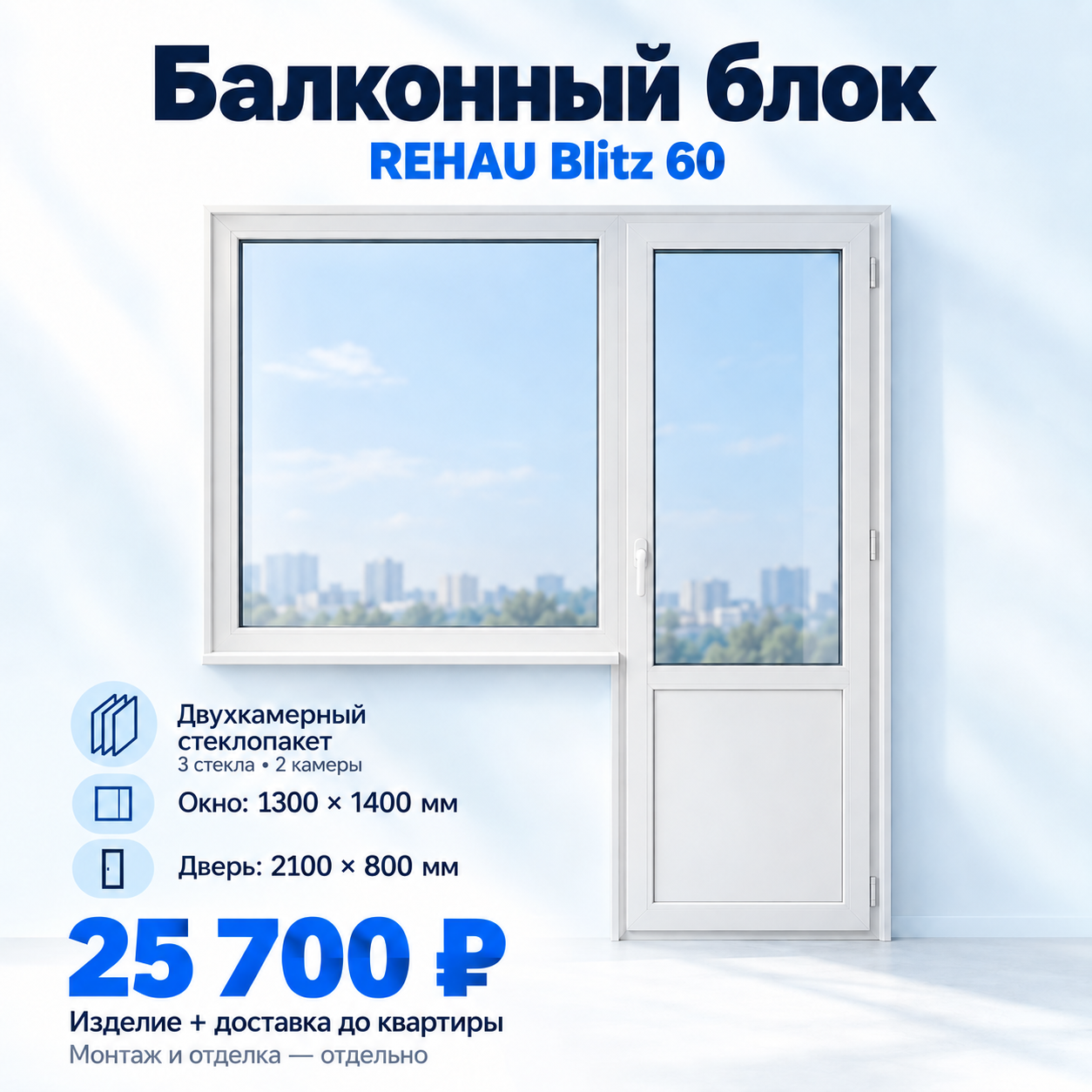 Балконный блок REHAU Blitz 60: глухое окно 1300 × 1400 мм и поворотно-откидная дверь 2100 × 800 мм