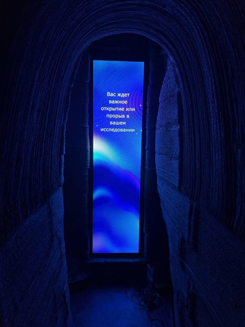 Экран интегрирован в стену, возведенную из префабов, напечетанных на строительном принтере. ОСНОВАНИЕ