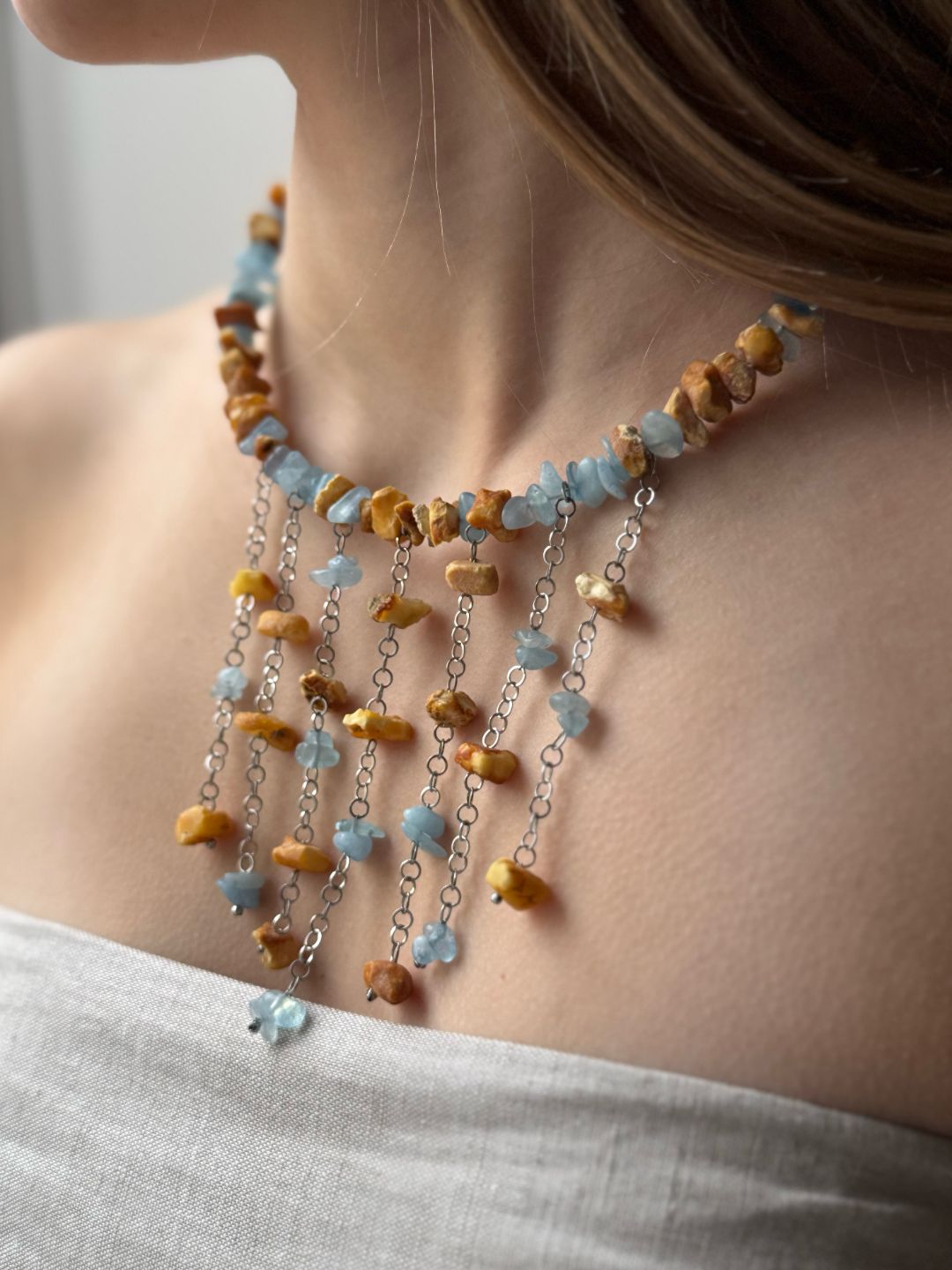 Нечаянная радость
колье, янтарь, аквамарин