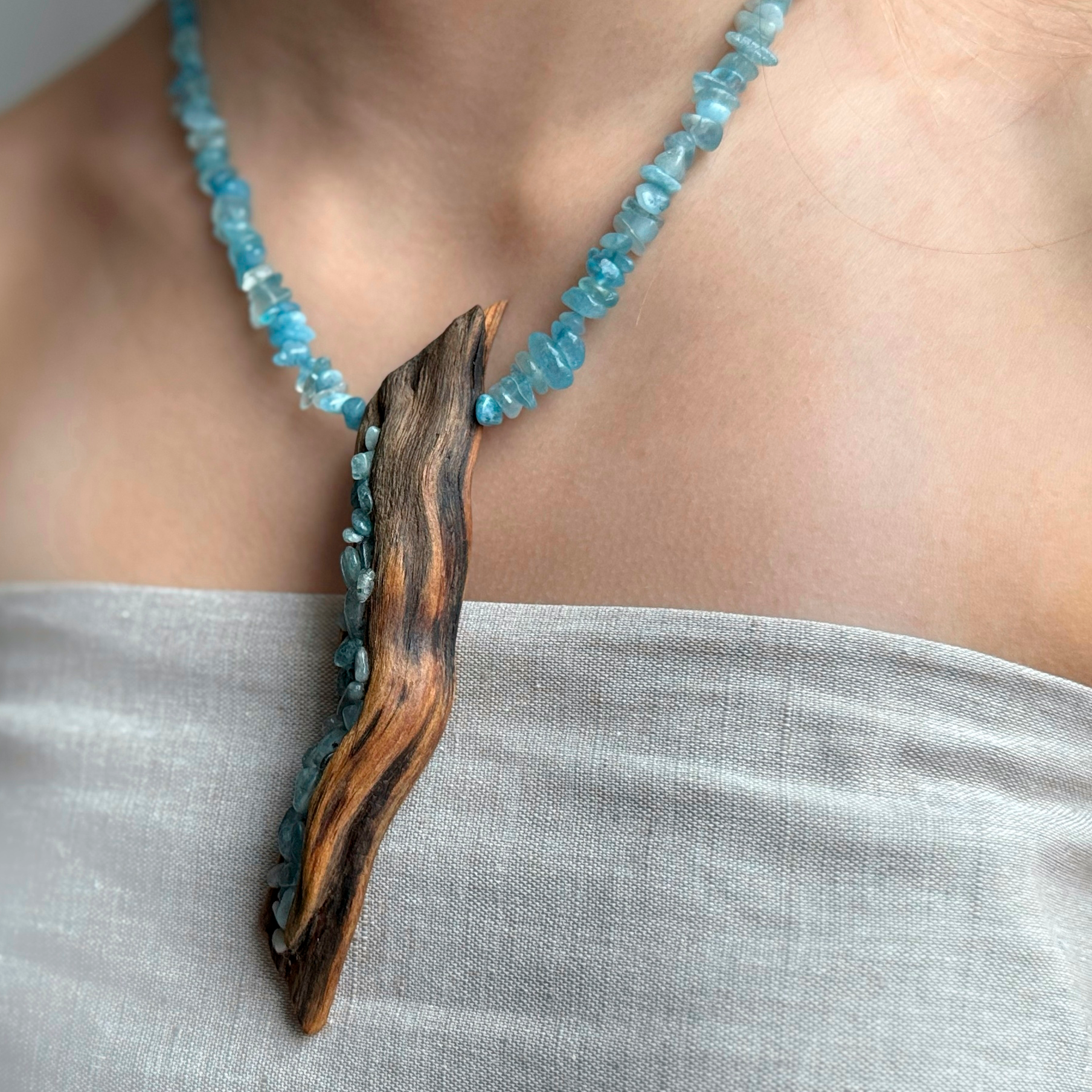 Слияние, колье, дрифтвуд, аквамарин, Анастасия Попова