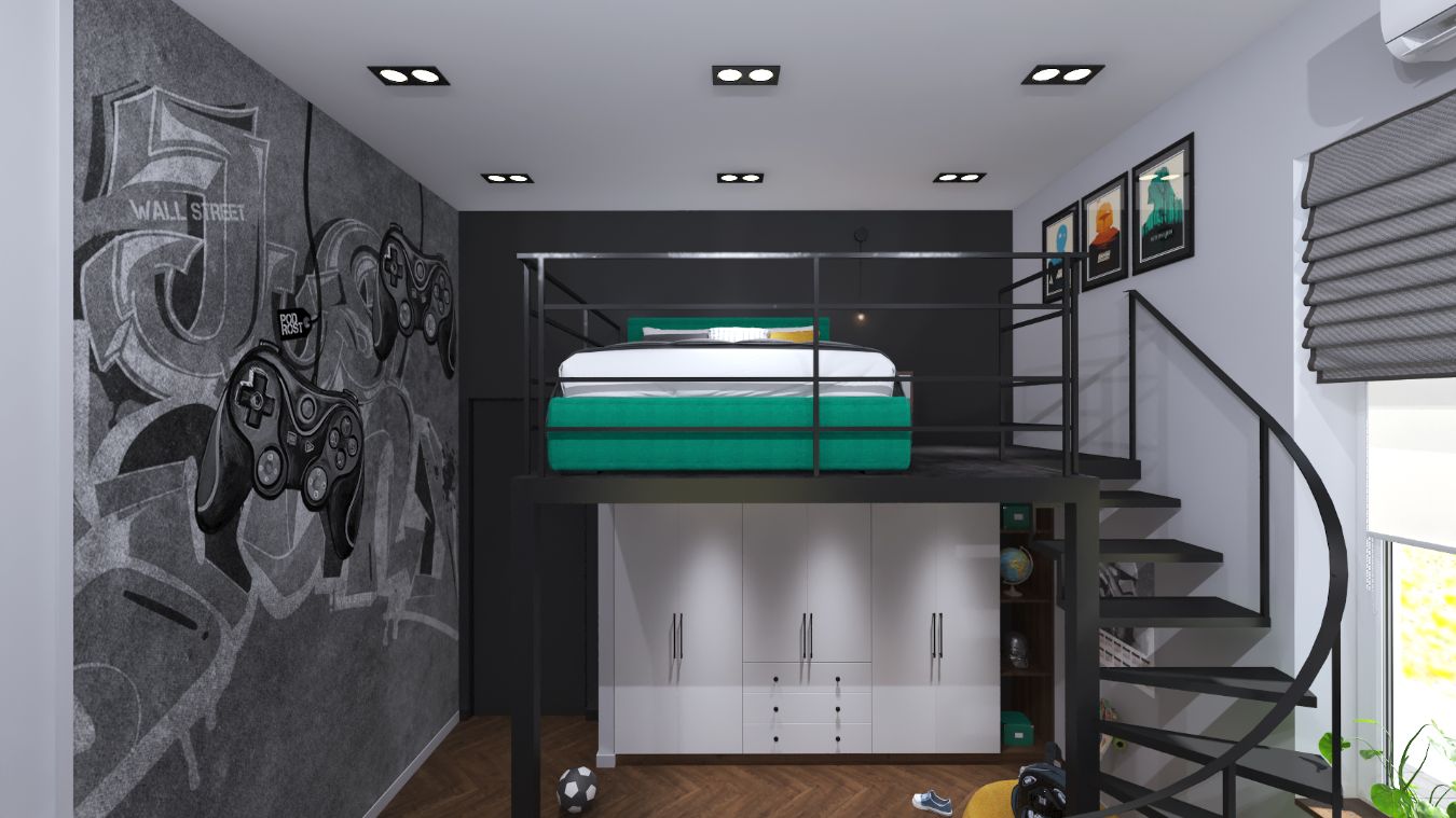 ЖК «Ильинские луга». Детская с антресолью. Монохромный интерьер с контрастами в современном стиле