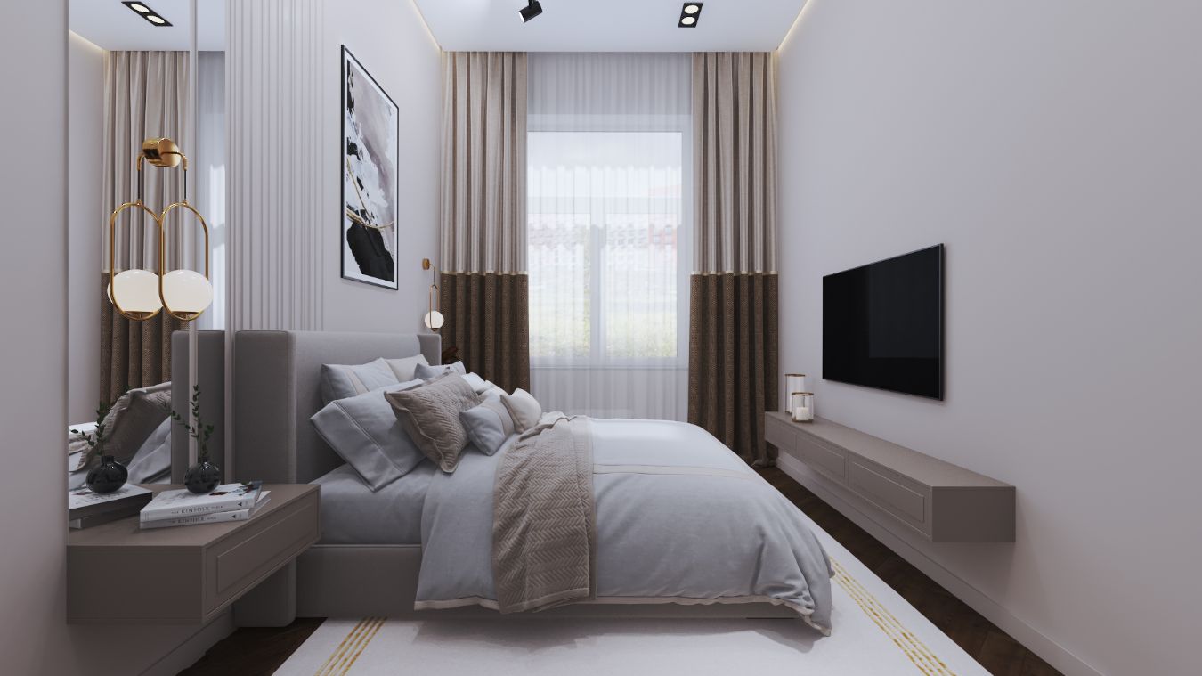 ЖК «Ильинские луга». Спальня. Монохромный интерьер с контрастами в современном стиле