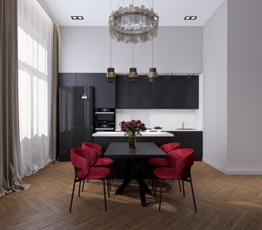 ЖК «Ильинские луга». Интерьер с контрастами в современном стиле. Кухня-гостиная