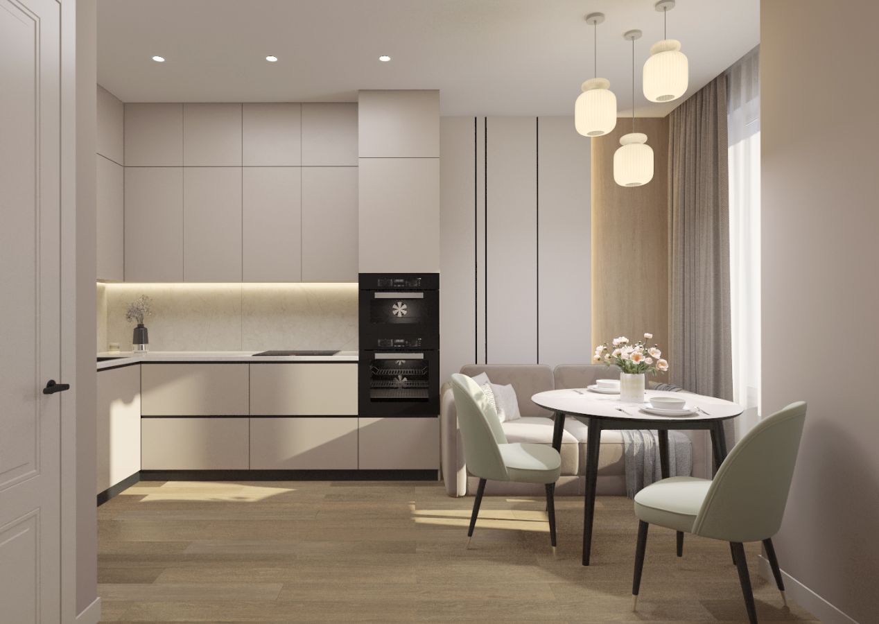ЖК "Символ". Интерьер в трендовом цвете - тауп. Кухня-гостиная