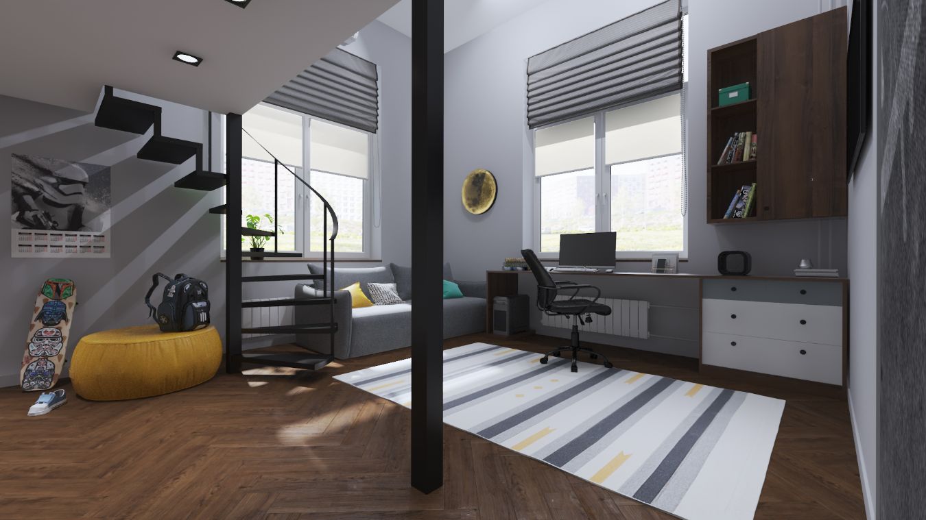 ЖК «Ильинские луга». Детская с антресолью. Монохромный интерьер с контрастами в современном стиле