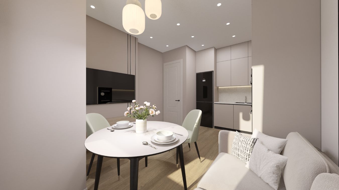 ЖК "Символ". Интерьер в трендовом цвете - тауп. Кухня-гостиная