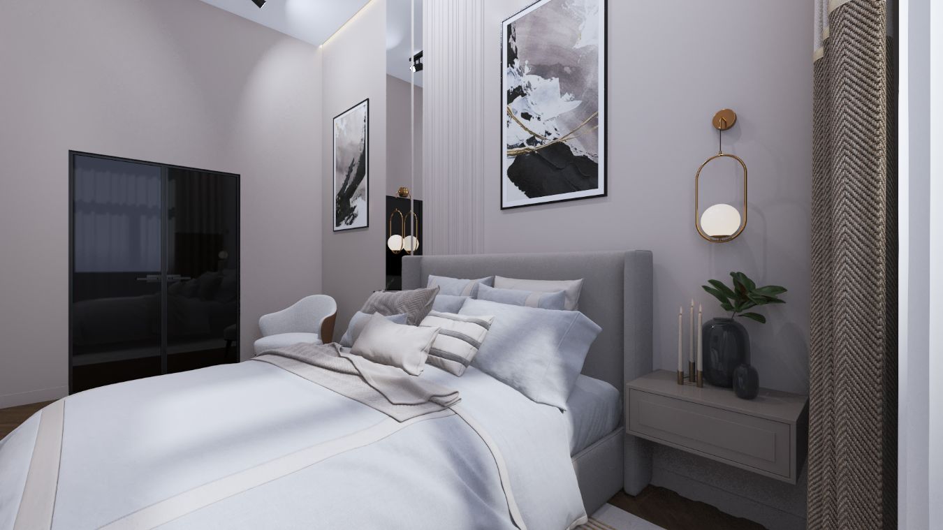 ЖК «Ильинские луга». Спальня. Монохромный интерьер с контрастами в современном стиле