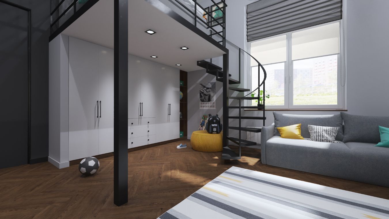 ЖК «Ильинские луга». Детская с антресолью. Монохромный интерьер с контрастами в современном стиле