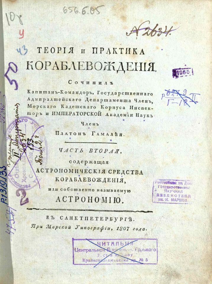 • Гамалея, П. Я. Теория и практика кораблевождения / Сочинил капитан-командор, Государственнаго адмиралтейскаго департамента член, Морскаго кадетскаго корпуса инспектор им Императорской Академии наук член Платон Гамалея. – В Санкт-Петербурге : При Морской типографии, 1806 – 1808. Ч. 2: Содержащая астрономическия средства кораблевождения, или собственно называемую астрономию. – 1807. – [4], III, 533, [2] с., 19 л. карт, черт. (инв. номер Р 1.319.135).
