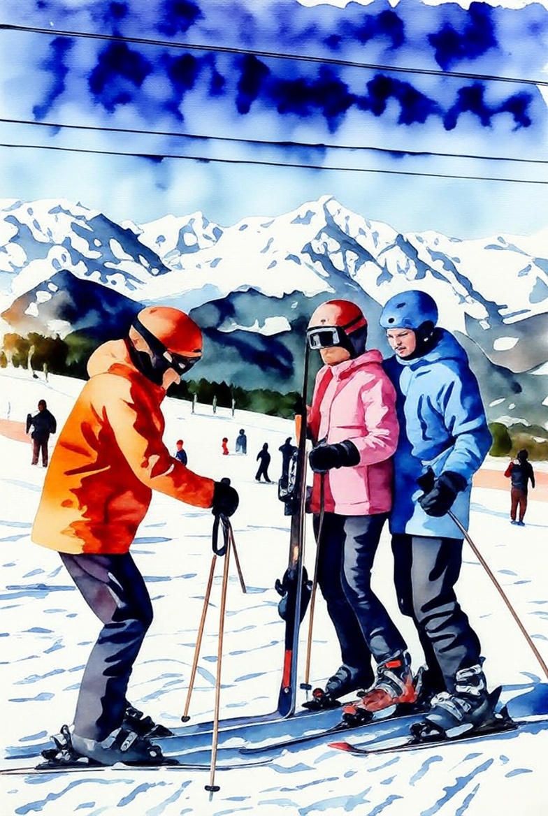 инструктор на лыжах учит начинающую кататься семейную пару на курорте Красная поляна