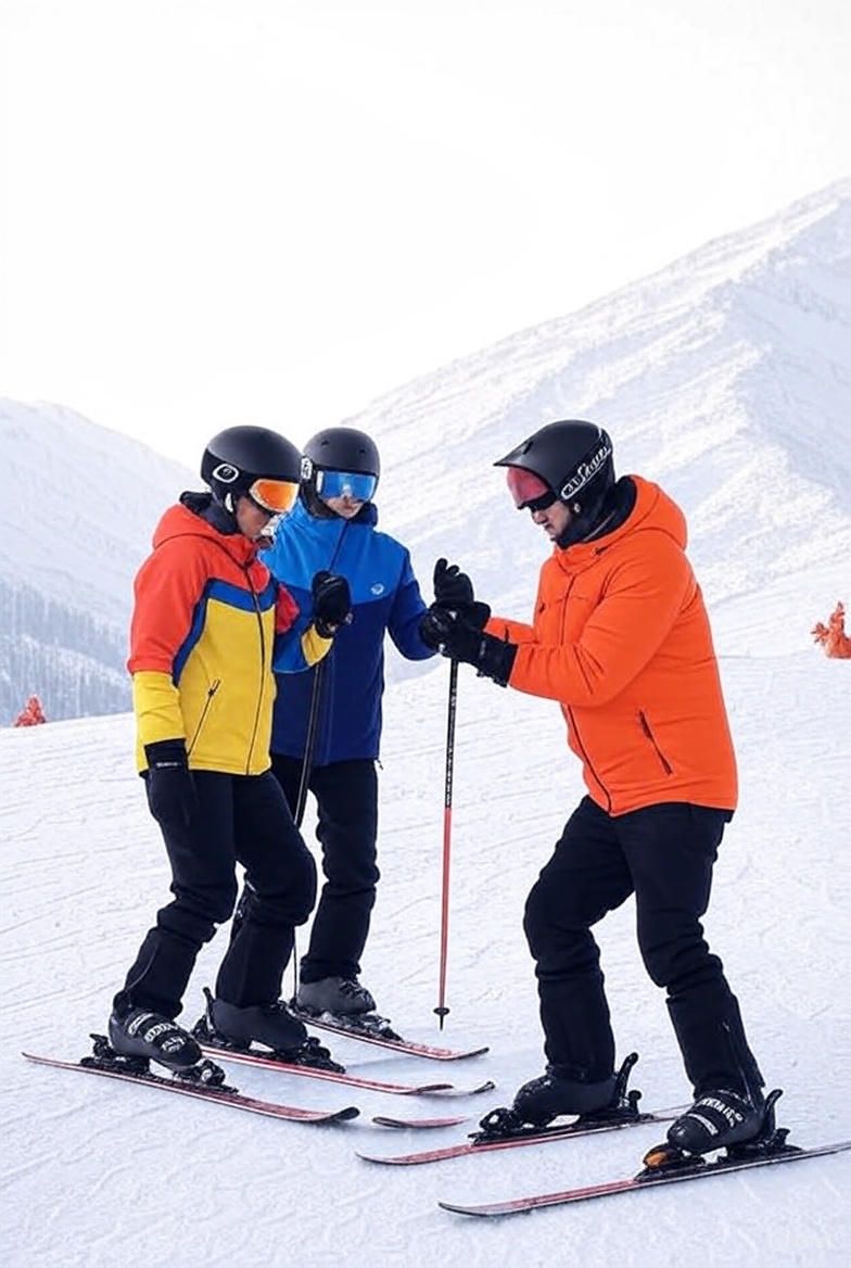 инструктор на лыжах учит детей на курорте Красная поляна