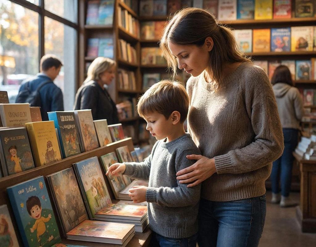 Мама с ребенком в книжном магазине