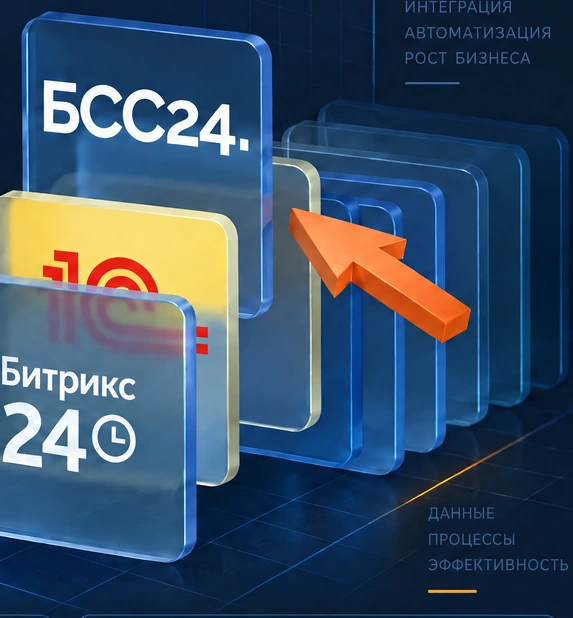 БСС24 объединяет 1С и Битрикс24: объёмные стеклянные панели со стрелкой обмена