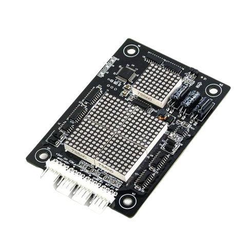 На этом изображении показана электронная печатная плата с черным рисунком. Плата оснащена несколькими компонентами, в том числе двумя квадратными металлическими микросхемами с множеством аккуратно расположенных маленьких отверстий. Существуют также другие компоненты, такие как резисторы и конденсаторы, а также разъемы на нижней стороне для подключения платы к другим устройствам. Эти платы, вероятно, используются в электронных приложениях высокого уровня, таких как контроллеры или устройства обработки сигналов.