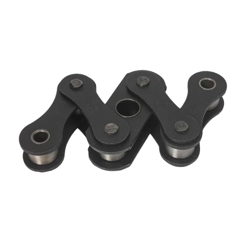 На этом рисунке изображено звено цепи, изготовленное из черного металла. Цепь состоит из нескольких подвижных частей, каждая из которых имеет изогнутую форму и отверстия по бокам. В середине имеется цилиндрическая деталь, которая может служить звеном. Эти конструкции часто используются в механизмах, требующих движения, например, на велосипедах или станках. Эти цепи выглядят прочными и рассчитаны на длительный срок службы.