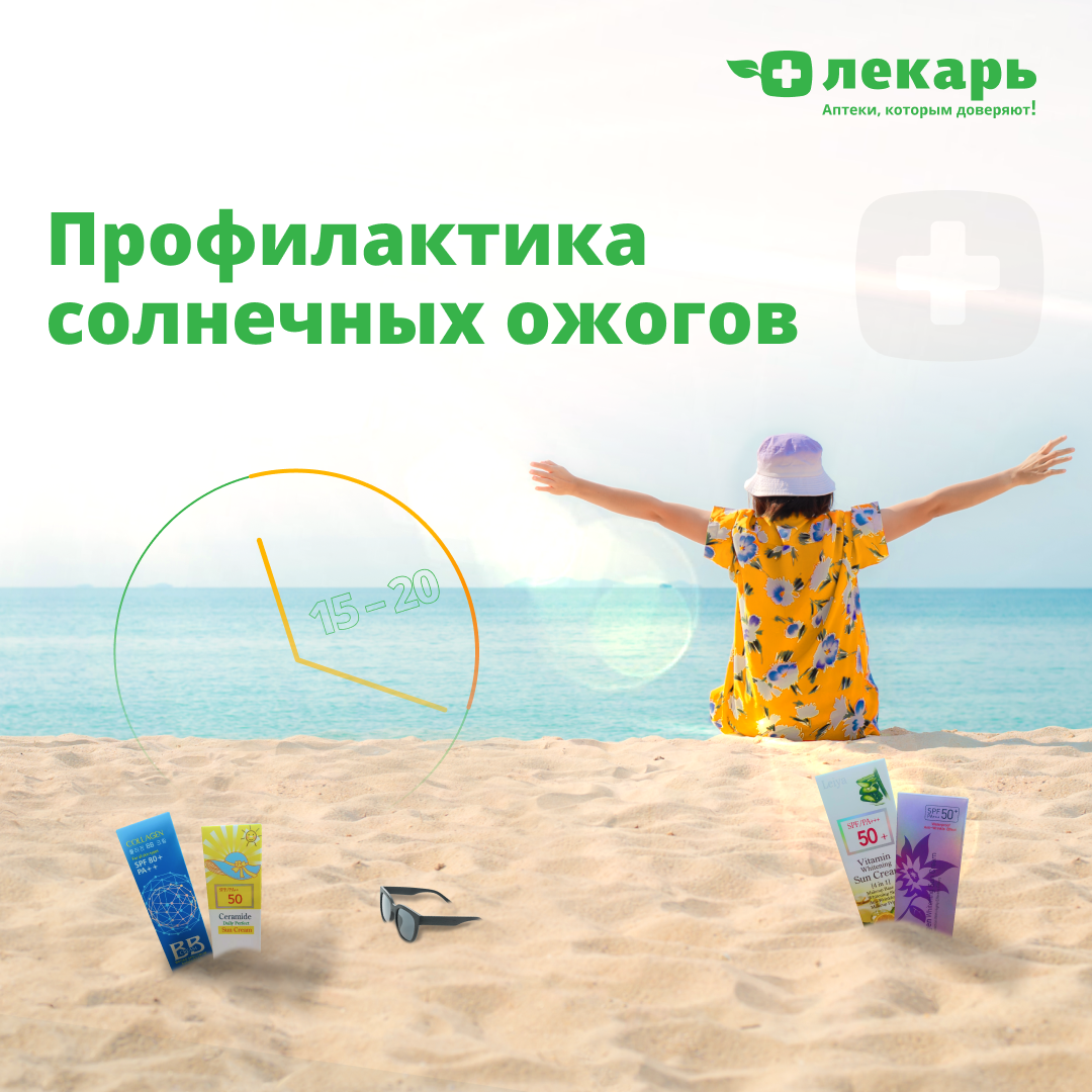 Если вы собрались летом на море или запланировали экскурсию на природу, не забывайте про палящее солнце. Оно может стать причиной солнечных ожогов Достаточно соблюдать простые рекомендации, чтобы их избежать: На пляже нужно загорать постепенно, по 15-20 минут в день. И желательно не под прямым солнцем; • Перед приемом солнечных ванн следует нанести защитное средство со значением минимум SPF 50 на все открытые участки тела; • На голове обязательно должен быть головной убор; • Не забывайте, самое опасное времяпровождение на солнце – с 11 утра до 16 часов; • Беременным женщинам, пожилым людям и детям до 4 лет загорать вообще не стоит, лучше всего быть на воздухе в тенистом месте; • Старайтесь носить закрытую одежду из хлопка свободного кроя. Профилактика солнечных ожогов не подразумевает категорическое заточение в четырех стенах. Разумное пребывание под лучами солнца не только не повредит, но и принесет пользу Если вы все таки получили солнечный ожог, немедленно обратитесь к врачу.
