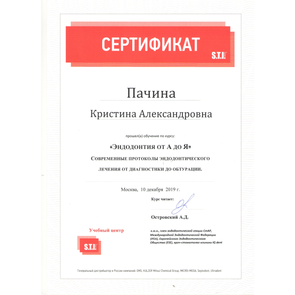 Сертификат Пачиной Кристины Александровны