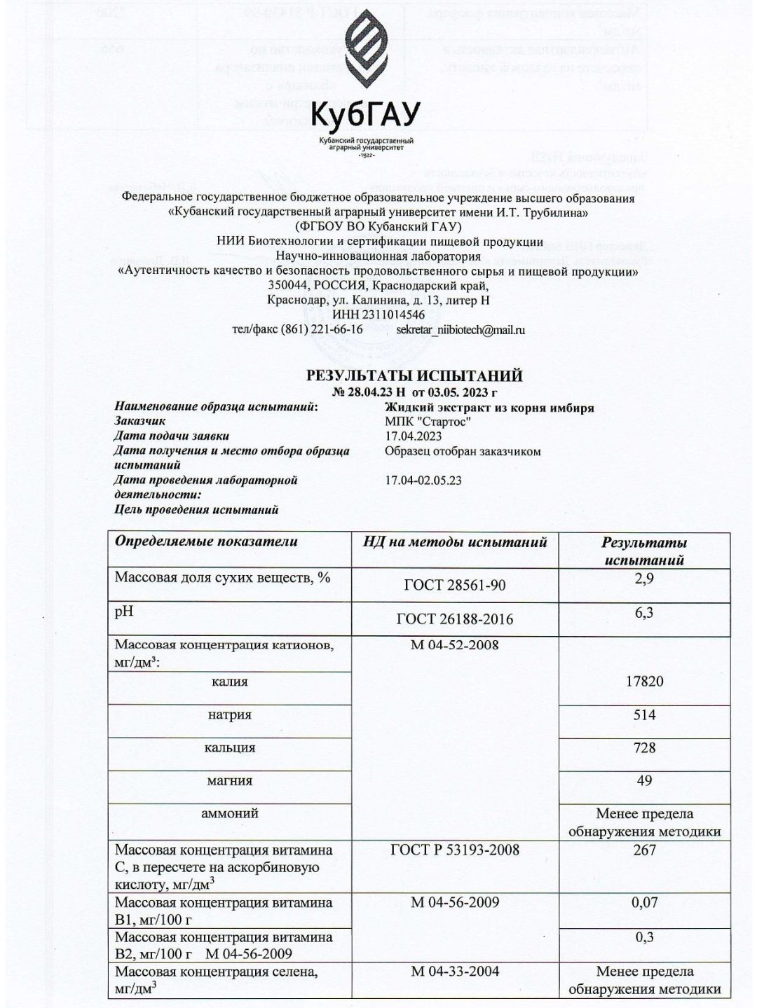 Протокол испытаний Экстракт Имбиря