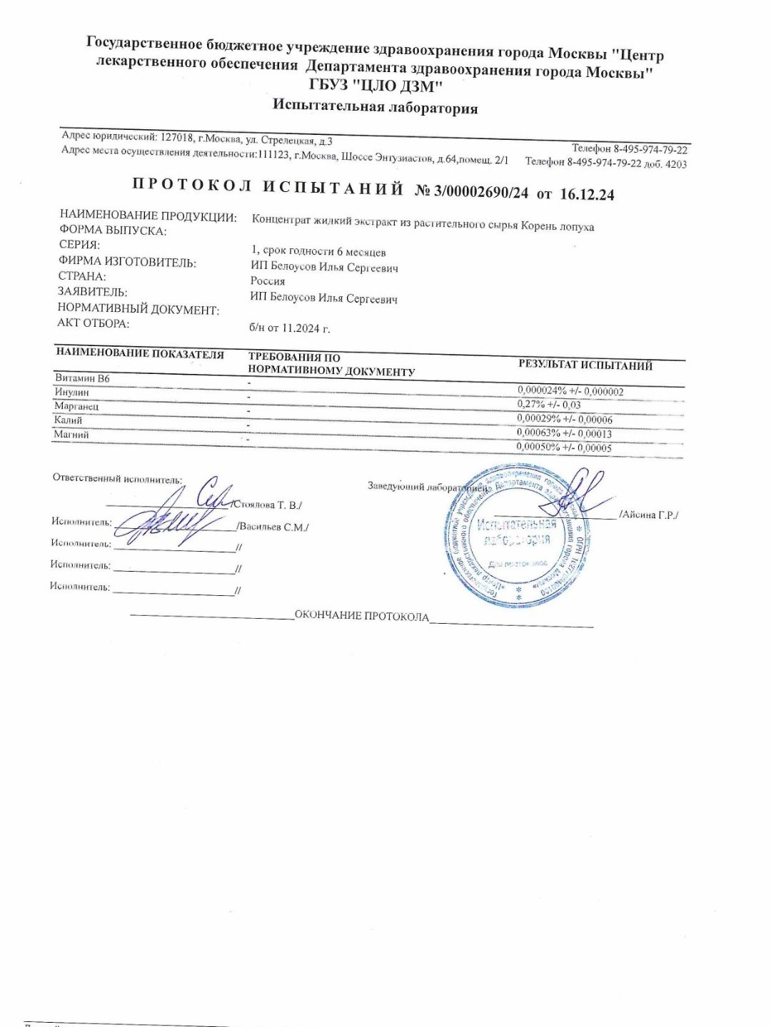 Протокол испытаний на корень лопуха