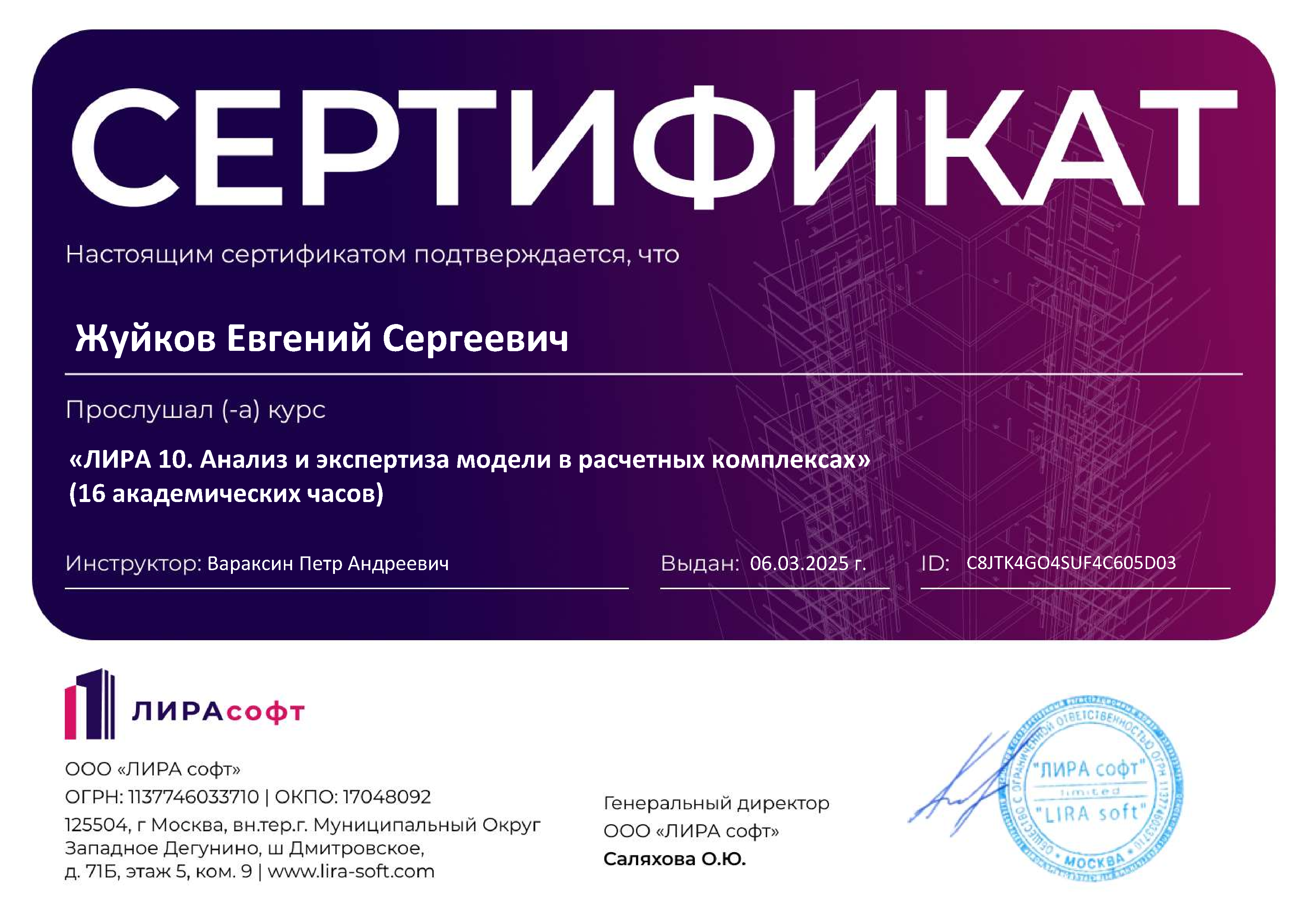 Сертификат пользователя Лира 10. Анализ и экспертиза модели в расчетных комплексах