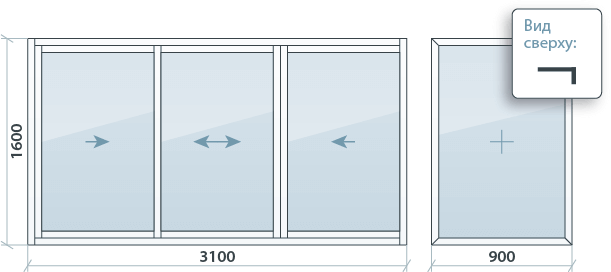 Раздвижное остекление 1600*3100 из алюминиевого профиля шириной 60 мм.