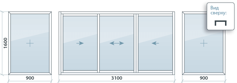 Раздвижное остекление 1600*3100 из алюминиевого профиля шириной 60 мм.