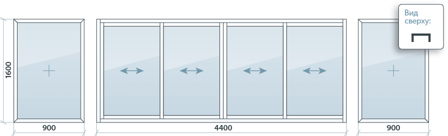 Раздвижное остекление 1600*3100 из алюминиевого профиля шириной 60 мм.