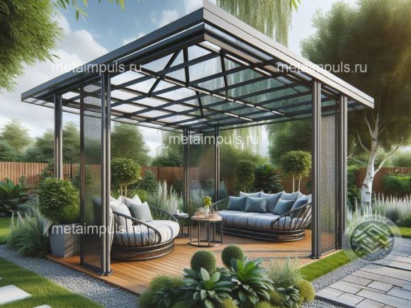 беседка из металла и поликарбоната с мебелью