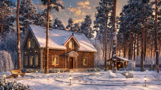 Зимний вечер - 3Д визуализация дачного дома