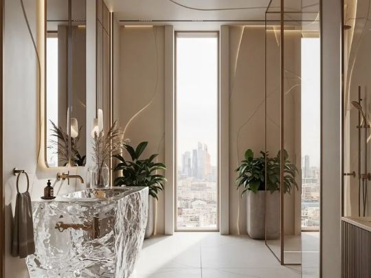 Дизайн интерьера этой ванной комнаты - атмосфера абсолютного спокойствия и роскоши, место энергии и красоты, восстановления сил и гармонии с собой! Раковина – как арт-объект. Вид на городской пейзаж через огромное окно. Мягкий свет и живые растения. Что еще здесь важно? Текстуры стен!