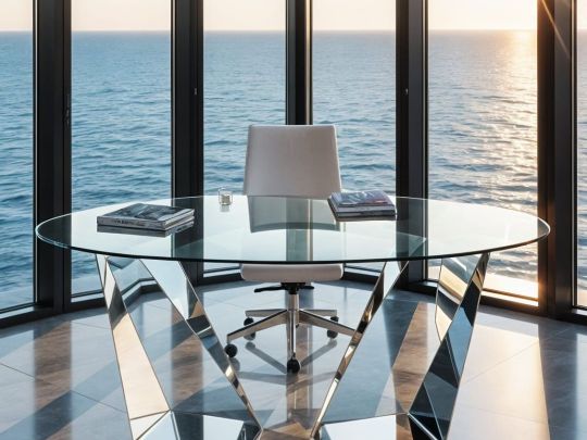 Работа у моря в офисе мечты + дизайнерский стол! Почему мы любим этот дизайн интерьера кабинета: • Офис с видом на воду и закаты сквозь панорамные окна – лучший источник вдохновения! • Свет солнца делает пространство живым и динамичным. • Красота среды помогает сосредоточиться - идеальное место для работы или медитации. • Волны изумрудного моря поднимают настроение. Хочется мечтать и творить. • Минимализм: Чистые линии и нейтральные тона создают комфортную атмосферу. • Современный дизайн и удобная мебель делают работу комфортной. • Роскошный стол: Уникальная геометрическая форма привлекает внимание - модные офисные тренды.