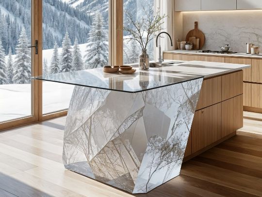 Современная кухня-мечта с кристаллическим столом и видом на горы

Гармония природы и технологий, мастер-класс по органическому минимализму: акцентный остров, лаконичность и захватывающая дух красота за окном. 

Это – не просто кухня, это - арт-объект, созданный с любовью к искусству:
➤ Этот интерьер сочетает в себе минимализм и вызов, холод и тепло.
➤ Уникальный геометрический остров из прозрачного материала! 
➤ Панорамные окна в пол - бесконечный холст с видом на горы. Этот пейзаж стал частью дизайна интерьера.
