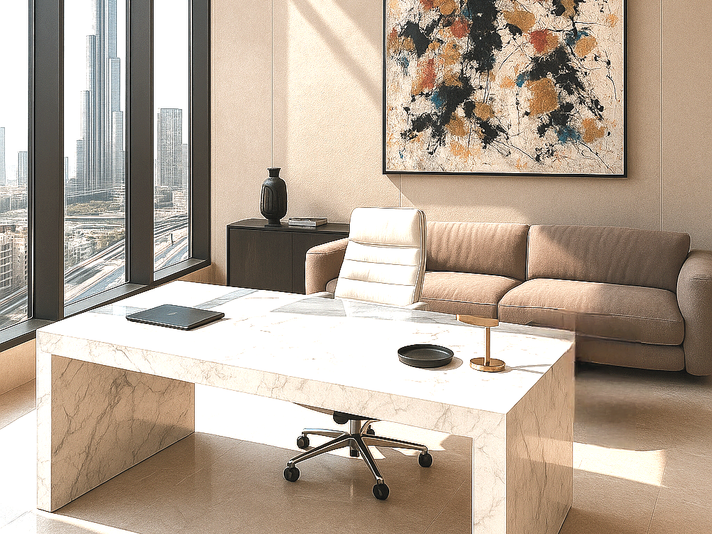 Современный дизайн офиса, где классика встречается с модерном. И потрясающий вид на город. 🌟 Ключевые особенности: Мраморный стол: натуральный материал добавляет элегантности. Эргономичная мебель: комфортные кресла и правильно организованное рабочее место.