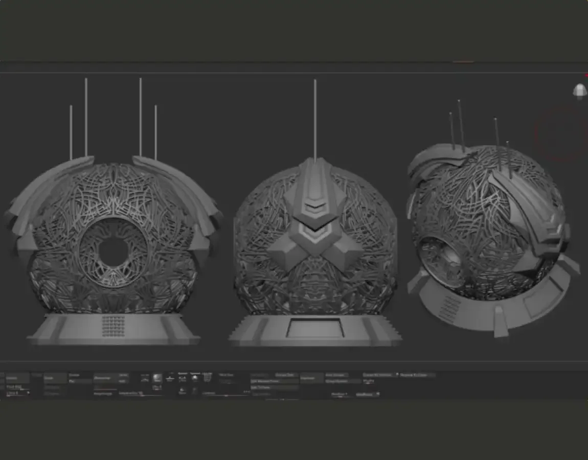 Финальная 3D-модель глаза с наушниками, антеннами и деталями на подставке в ZBrush