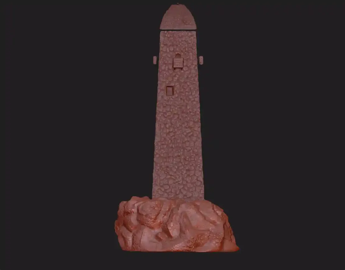 Модель башни с каменной кладкой на скалистом основании