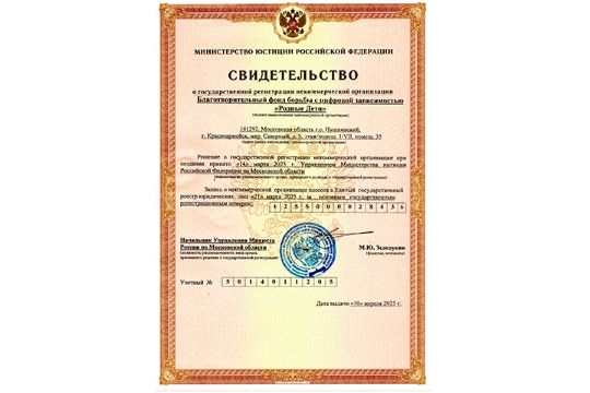 Фонд «Родные Дети» - Свидетельство МИНЮСТ