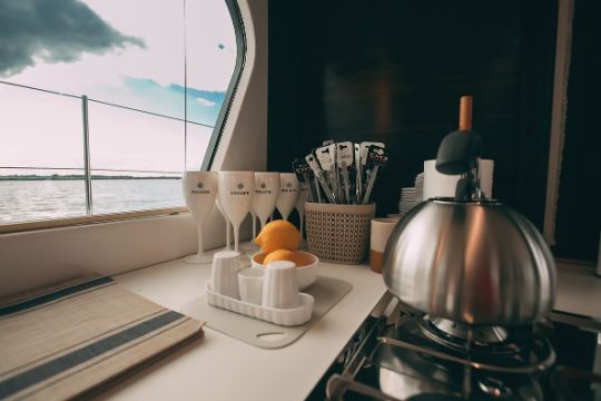 На борту для вашего удобства: — 4 каюты, 4 санузла с душем — 4 Зоны для загара и отдыха — Музыкальная система по всему периметру борта и внутри (подключение Bluetooth) — Пледы, посуда, 2 холодильника, гриль Дополнительно на борт вы можете заказать кейтеринг, оформление цветами, экскурсовода, музыкантов или воздушные шары.