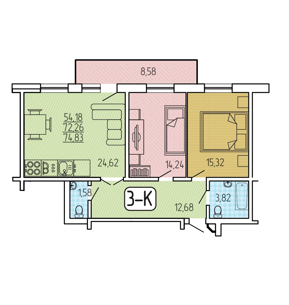 3-х ком 140 Б мкр (74,83 м2)