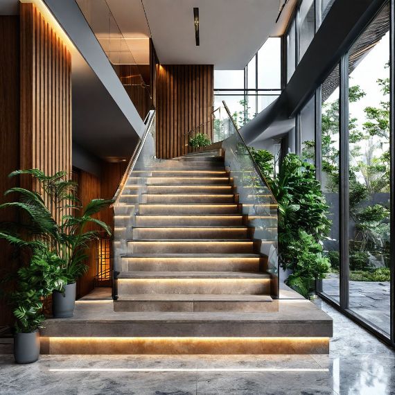 В современных интерьерах популярны монолитные винтовые лестницы