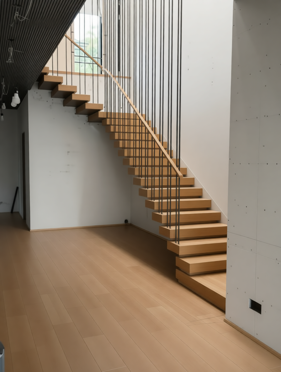 Команда «АртПодъем» построила монолитную бетонную лестницу с открытыми ступенями.