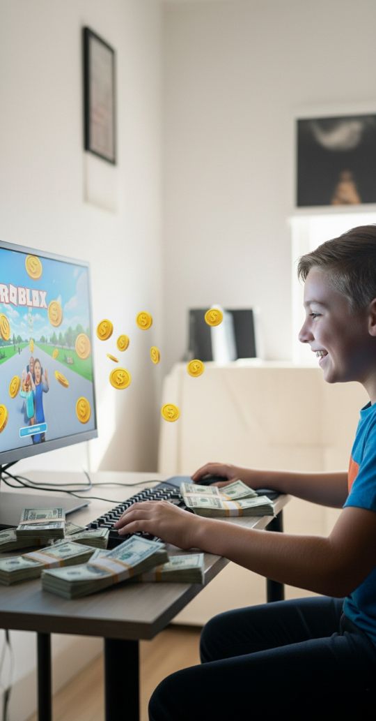 Мальчик играет в Roblox и получает зарплату