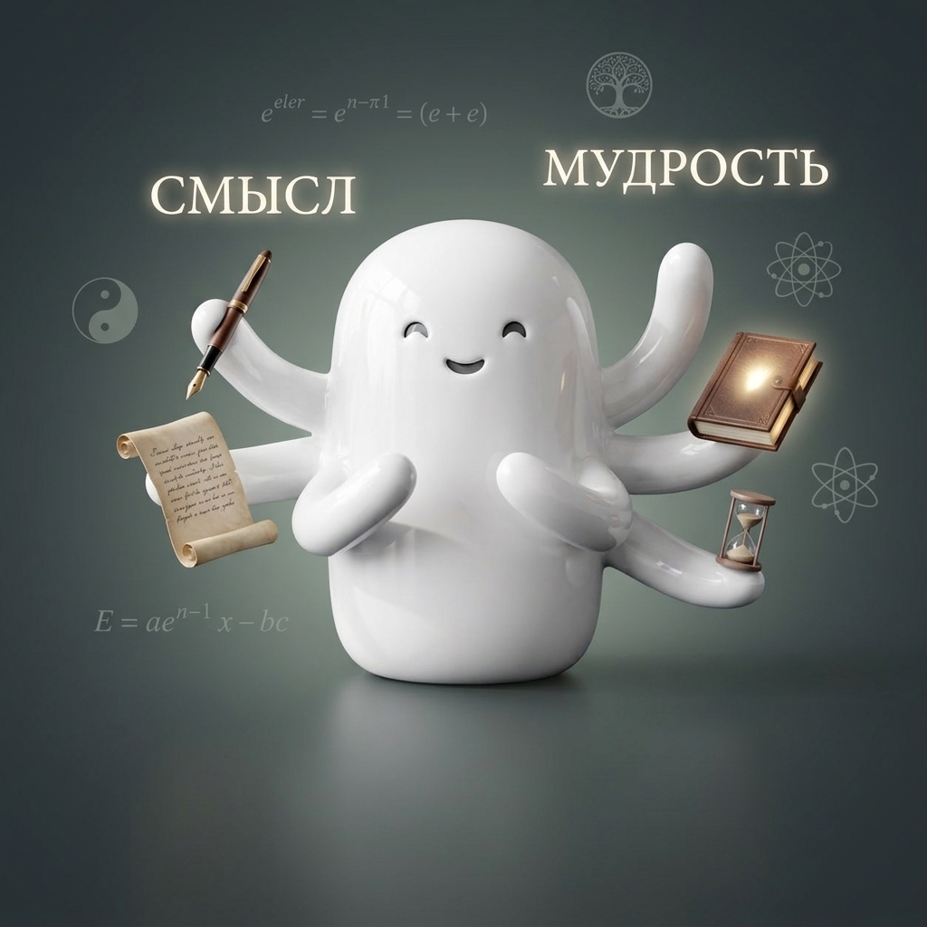 Фарфоровый осьминожка-маскот ассистента LeinAI в образе мудрого философа со свитком, пером и книгой в руках, на фоне светящихся слов "Смысл" и "Мудрость"