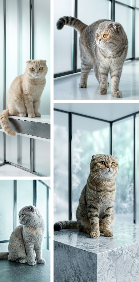 Премиальная визуализация шотландских кошек в современном светлом интерьере от цифровой фотостудии НИНДЗЯ ГРАФ. Пример использования ИИ для создания журнального рекламного контента