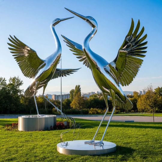 Журавли, птицы, дизайнерская скульптура, для торгового центра, металлические скульптуры, изделия из нержавеющей стали на заказ. полированной нержавеющей стали. Парковая фигура, городская скульптура