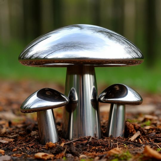 Грибы скульптура из нержавеющей стали, металлические скульптуры из полированной нержавеющей стали. сделанные на заказ, под ключ. с доставкой по РФ. Парковая форма. Городская скульптура.