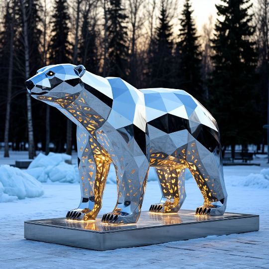 Полигональный медведь из нержавеющей стали, дизайнерская скульптура, для торгового центра, металлические скульптуры, изделия из полированной нержавеющей стали на заказ. Парковая фигура, городская скульптура